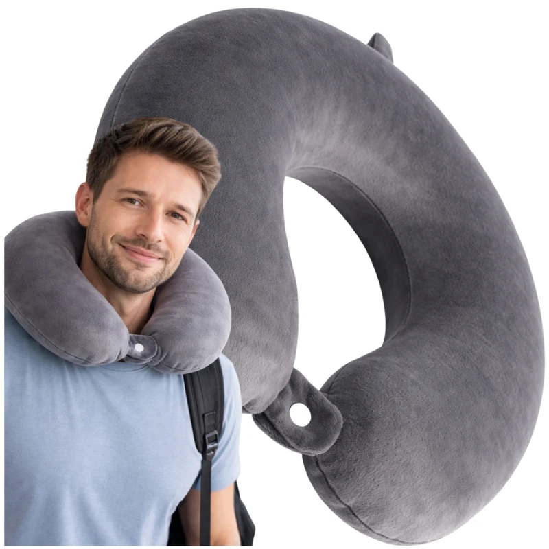 Poduszka podróżna rogal na szyję aksamitna ergonomiczna szara3.webp