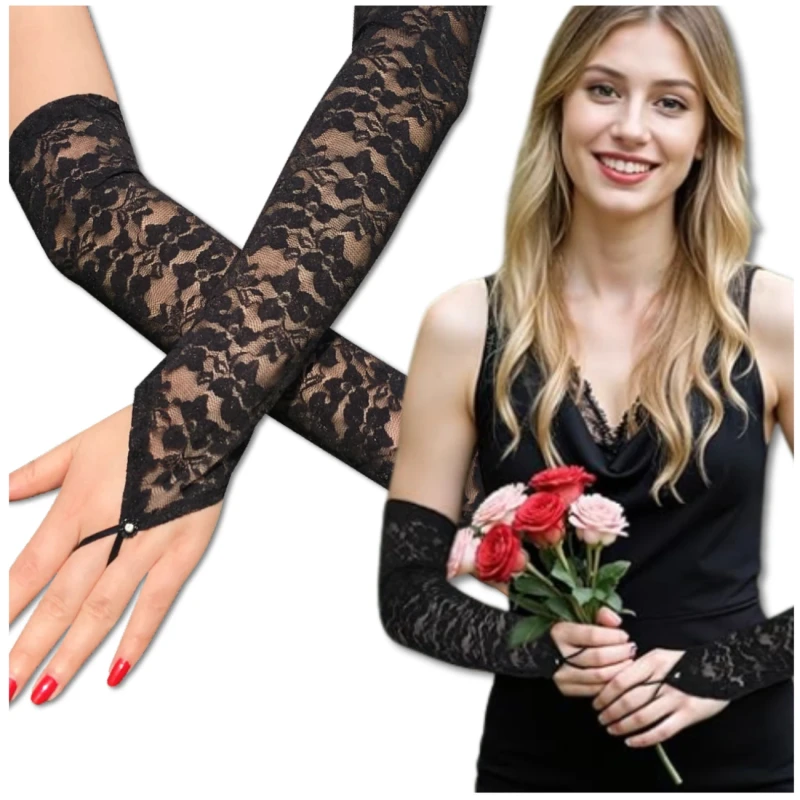 Rękawiczki Koronkowe Długie Czarne Bez Palców Ślubne Eleganckie 50 cm2.webp