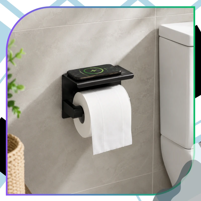 Uchwyt naścienny z półeczką czarny na papier toaletowy loft WC6.webp