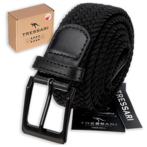 Elastyczny pasek unisex pleciony parciany do spodni mocny czarny Tressari